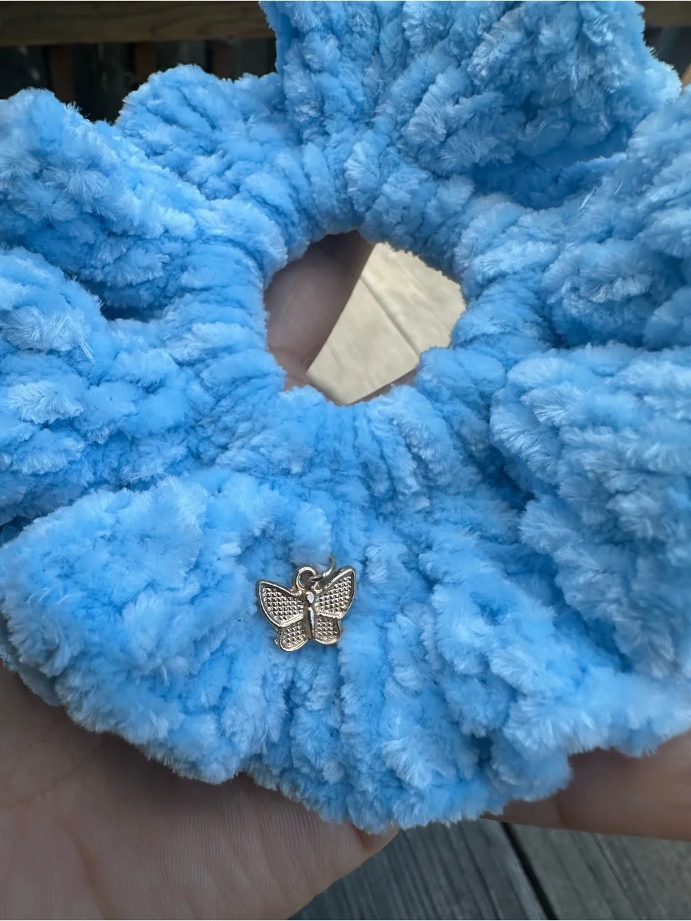 Plush Light Blue Fuzzy Scrunchie with Butterfly Charm
